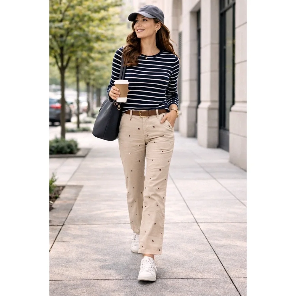 Tommy Hilfiger Womens Khaki Embroidered Flag Heart Chino Pants‎ Size 12 Tan